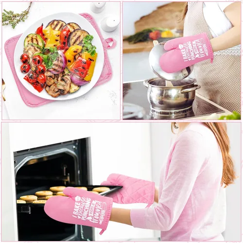 Vista 6 de 6 guantes de algodón para horno, soportes para ollas, resistentes a las mujeres, resistentes a la máquina, guantes de microondas con lazo