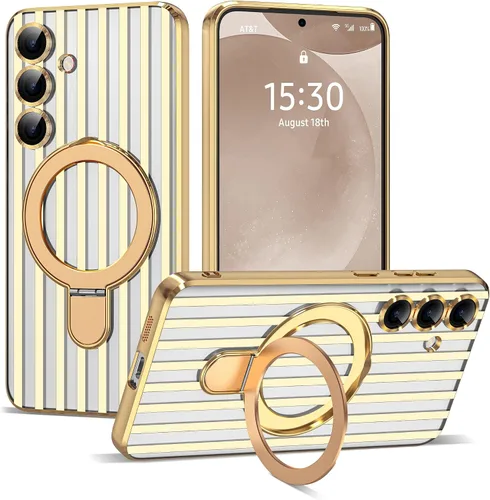 Vista 24 de Funda compatible con Samsung Galaxy S24 Plus con soporte de anillo magnético [compatible con Mag-Safe] protector de lente de cámara chapado Dorado