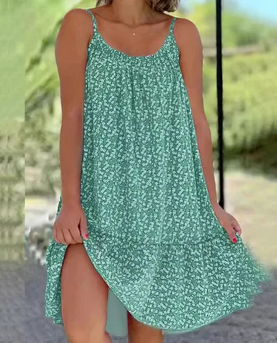 Vista 2 de Vestido de verano para mujer, diseño floral, floral, sin mangas, con tirantes delgados, para verano, casual, holgado, bohemio, para vacaciones