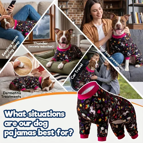 Vista 4 de LovinPet Pijamas grandes para perros Pitbull: cuidado de heridas/ropa de perro poscirugía, mamelucos para perros, estampado negro de arco iris