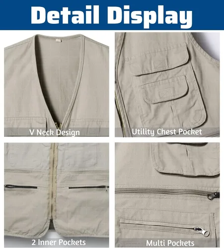 Vista 4 de Chaleco de pesca para hombre con múltiples bolsillos, sin mangas, chaleco de caza, safari, viajes, al aire libre, chaleco casual