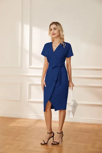 Vista 7 de GRACE KARIN Vestido de negocios de manga corta con cuello en V para mujer, con lazo en la cintura, vestido de cóctel con abertura, vestido midi