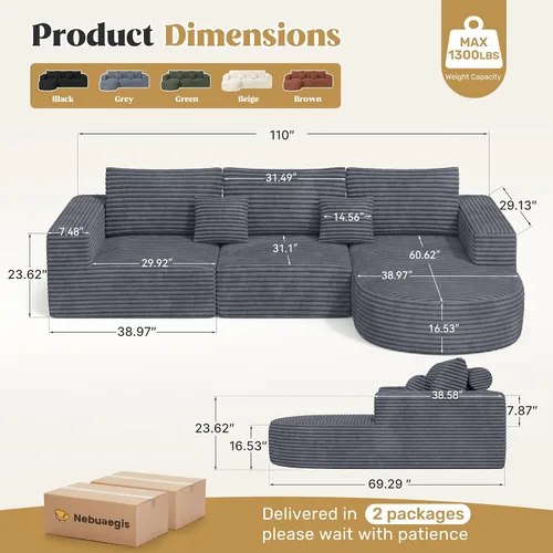 Vista 2 de Sofá seccional modular de 110", sofás de nube para sala de estar, sofá deshuesado con asiento profundo, sofá en forma de L con chaise, no requiere