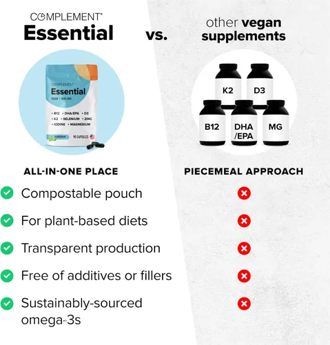Vista 3 de Complement Multivitamínico vegano esencial para mujeres y hombres - Suplemento de apoyo inmunológico con Omega-3 DHA y EPA, B12, vitamina D3 y K2
