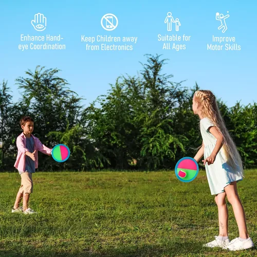 Vista 4 de Juego de pelota para lanzar y atrapar, 4 paletas y 4 bolas al aire libre, juego de captura de remo para niños, patio trasero, playa, piscina, patio