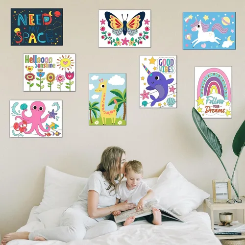 Vista 6 de goldentime Juego de 8 lienzos predibujados de 5 x 7 pulgadas, pintura por números para niños, 48 pinturas, 8 pinceles, 2 caballetes, kit de pintura