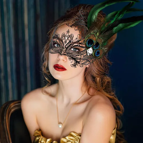 Vista 2 de Thmyo Máscara de metal para mascarada, máscara veneciana para disfraz de Halloween con diamantes de imitación de plumas de pavo real Estilo 1