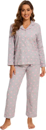 Vista 9 de CHUNG Conjunto de pijama de franela para mujer, tops con botones de algodón cepillado, pantalones S-XL, ropa de dormir, ropa de descanso, acogedora