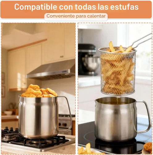 Vista 5 de Olla freidora profunda de acero inoxidable de 119 oz con canasta y colador de aceite, freidora profunda multifuncional, pequeña para estufa