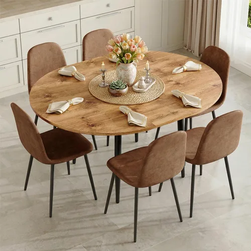 Vista 23 de FURNITO Juego de mesa de comedor de madera para 4, mesa extensible redonda a ovalada de 42 a 54 pulgadas con 4 sillas de tela, juego de comedor 4