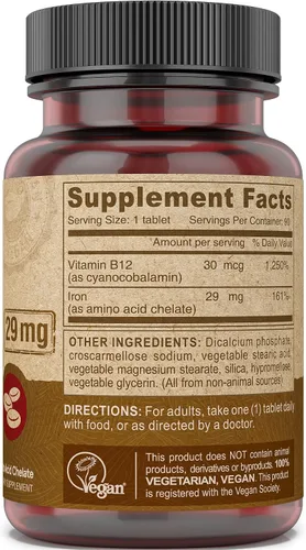Vista 3 de Deva Nutrition Hierro quelado vegano 29 mg fortificado con B-12 - Alta potencia, fácil de tragar - 90 tabletas, 1 paquete