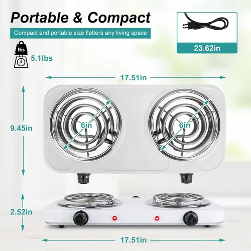 Vista 4 de Placa de cocción eléctrica, estufa eléctrica portátil de 2000 W, quemadores de doble bobina con control dual y control de temperatura de 5 niveles