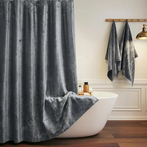 Vista 11 de TAMGHO Cortina de ducha negra para baño, lujosa cortina de ducha de terciopelo aplastado negro, juego de cortina de ducha oscura con ganchos
