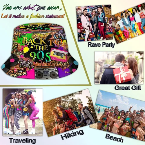 Vista 4 de Atuendo de los años 90 para mujeres y hombres, sombrero de pescador retro de los años 90 para exteriores, plegable, accesorios para rave, sombreros
