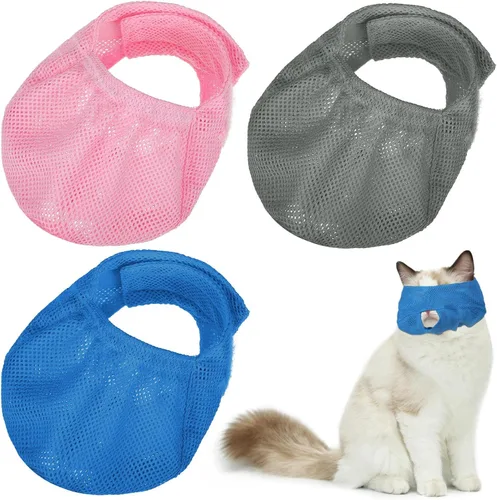 Vista 8 de Weewooday 3 bozales para gatos, bozales de malla transpirable, bolsas de retención para aseo de gatos con bozal antimordeduras antimaullido para Azul