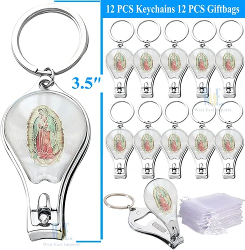 Vista 2 de WE Our Lady of Guadalupe (12 piezas) Llavero de bautismo con cortaúñas y abridor de recuerdos de fiesta para bebés niños y niñas/recuerdos