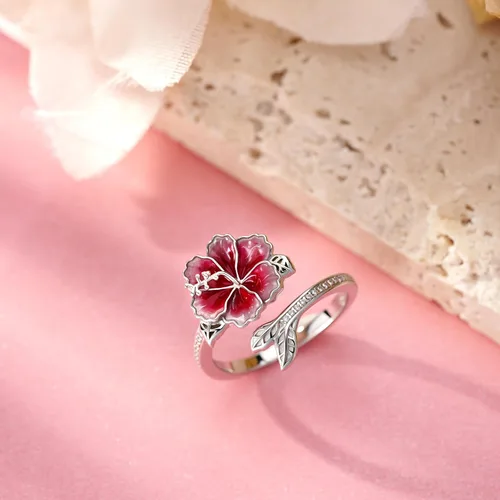 Vista 3 de Anillo de hibisco Anillo de flor hawaiana con joyería de hibisco de plata de ley ajustable abierta para mujer, talla 7