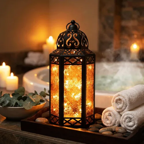 Vista 13 de VELA LANTERNS Juego de 2 portavelas decorativos de LED con luces de hadas de 12" de metal marroquí para colgar o mesa, decoración del hogar