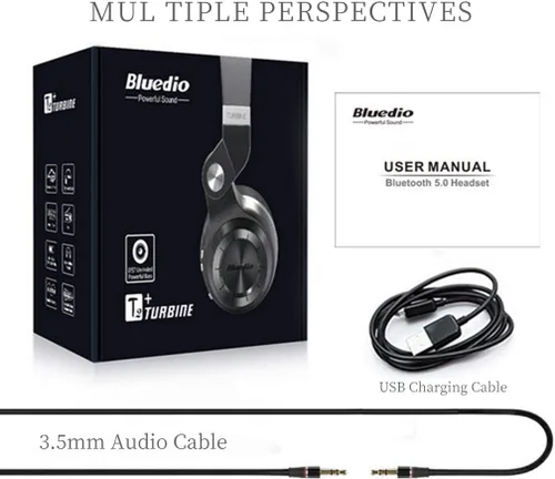 Vista 6 de Bluedio audífonos Bluetooth inalámbricos T2 Plus con micrófono, ranura para tarjeta SD y radio FM, color negro