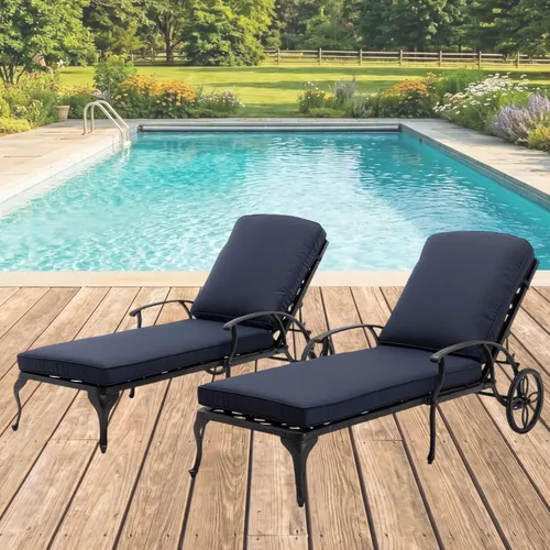 Vista 10 de Chaise Lounge - Silla de patio con ruedas, ajustable, reclinable, resistente al óxido, de aluminio fundido junto a la piscina, cojín beige