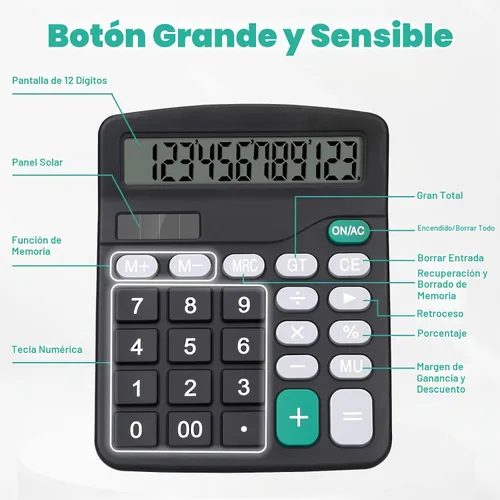 Vista 5 de Calculadora de escritorio, calculadora negra con botones grandes, pantalla LCD grande de 12 dígitos, batería solar y AA de doble potencia