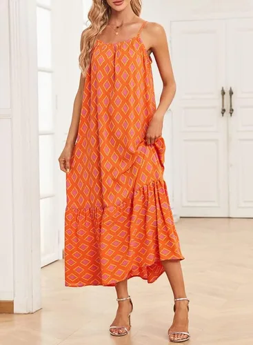 Vista 5 de Dokotoo Vestidos de verano para mujer 2024 con tirantes delgados, cuello redondo, fruncido y volantes, vestido largo bohemio