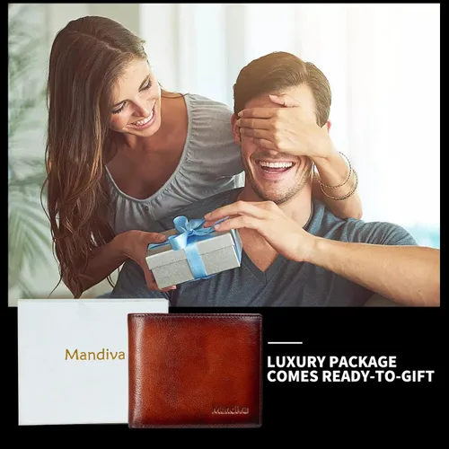 Vista 8 de Cartera de piel auténtica para hombre, con bloqueo RFID, plegable, elegante, con 2 ventanas de identificación, Marrón, Minimalista