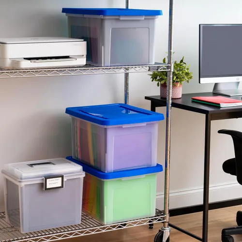 Vista 3 de IRIS USA 3-Pack 35 Qt. Letter/Legal File Box with Lid, Clear/Blue Transparente/azul