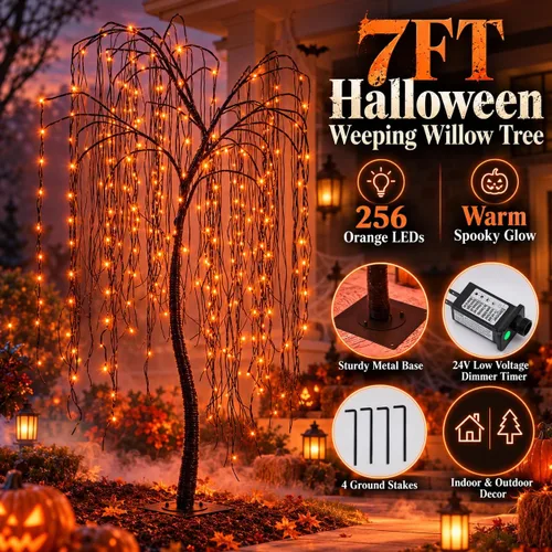 Vista 2 de Árbol de sauce iluminado de Halloween de 7 pies, 256 luces LED naranjas, árbol de sauce artificial llorón con 6 arañas, decoración