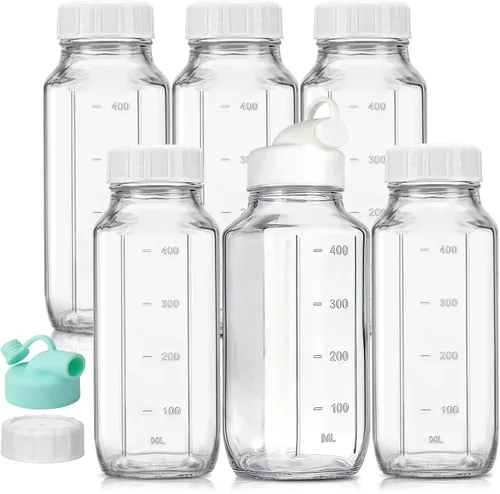 Vista 13 de CUCUMI 5 botellas de jugo de vidrio de 16 onzas con tapas, recipientes reutilizables para jugo, tarros de agua con cepillo, popotes de vidrio, tapas