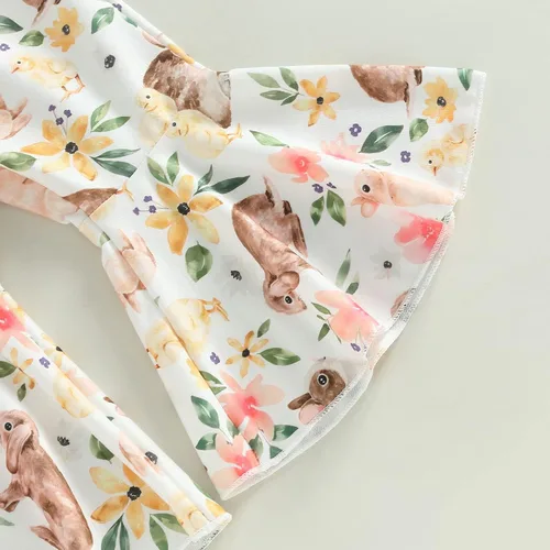 Vista 8 de MOREELUCK Conjunto de pantalones de Pascua para bebé niña, camiseta gráfica de conejo, pantalones acampanados con diadema, trajes de vacaciones