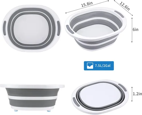 Vista 3 de Fregadero Plegable Craftend 7.5L de Plástico, Cesta de Lavar Platos con Tabla de Cortar, Recipiente de Alimentos Plegable para Barbacoa, Picnic