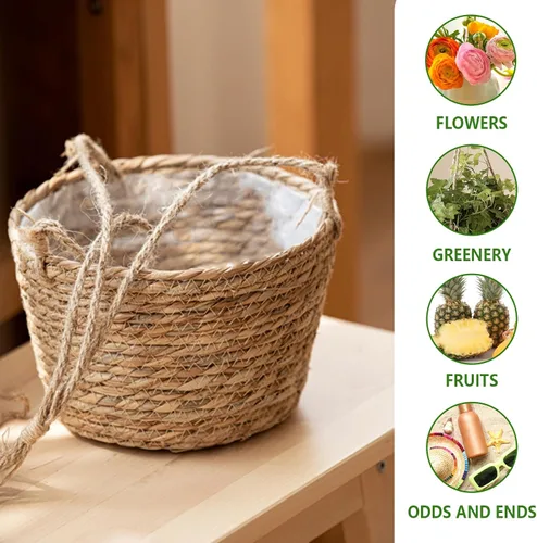Vista 4 de Maceta colgante de yute tejido de calibre pequeño de 8 pulgadas, cesta para plantas de pastos marinos, soporte decorativo para plantas, ideal