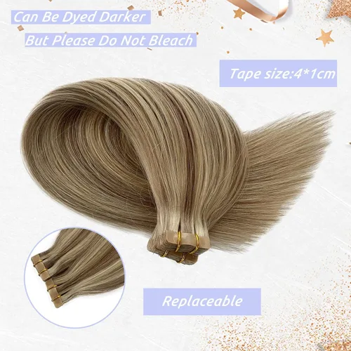 Vista 6 de Extensiones de cabello humano rubio con cinta, reflejos rubio ceniza y rubio platino, extensiones de cabello rubio platinado, cinta adhesiva