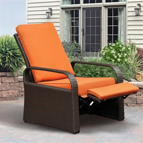 Vista 8 de Babylon Sillón reclinable de mimbre para exteriores, silla reclinable ajustable para patio con cojines de 14 cm de grosor y otomana, resistente a
