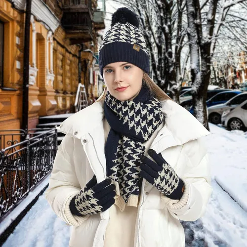 Vista 6 de Conjunto de gorro de invierno cálido para mujer, bufanda larga, guantes para pantalla táctil, clásico a cuadros, de punto calavera, bufandas