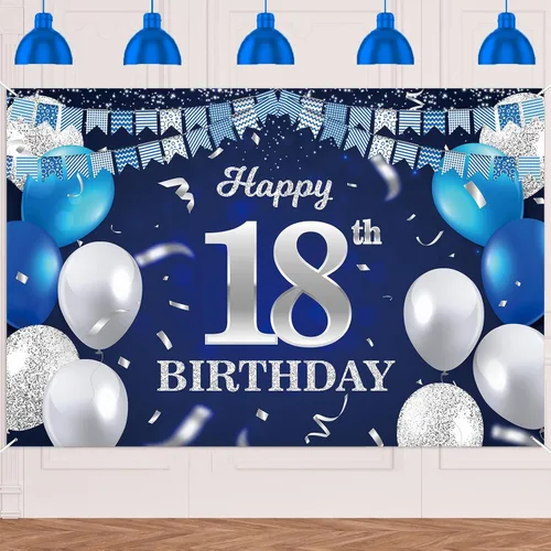 Vista 42 de Bandera de feliz primer cumpleaños con fondo azul marino, globos, confeti, bandera de rayas, luces de puntos, felicitaciones por el tema de 1 año