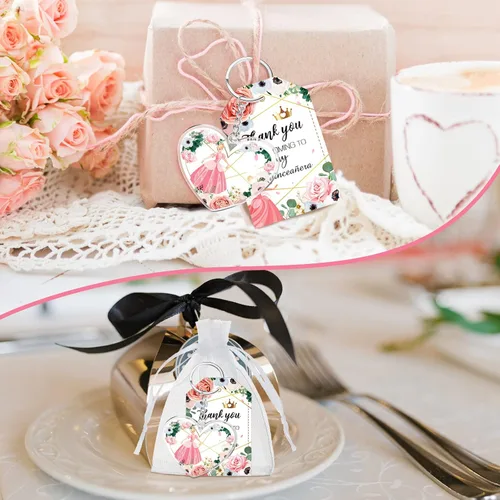 Vista 5 de Sureio 38 juegos de recuerdos de fiesta de quinceañera para invitados, llavero de corazón rosa, regalos de quinceañera para niña, princesa