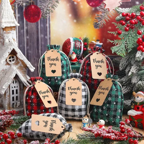 Vista 2 de Shappy 48 bolsas navideñas con cordón ajustable, bolsas de dulces de arpillera a cuadros búfalo de Navidad, saco de golosinas de lino, bolsa