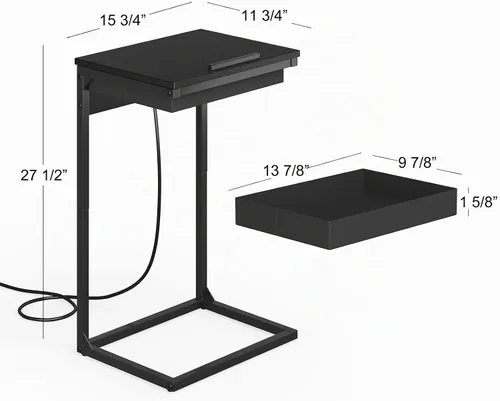 Vista 3 de sthmec Mesa auxiliar en forma de C con estación de carga, mesa auxiliar abatible ajustable de 45° con almacenamiento, mesa pequeña en C para Negro