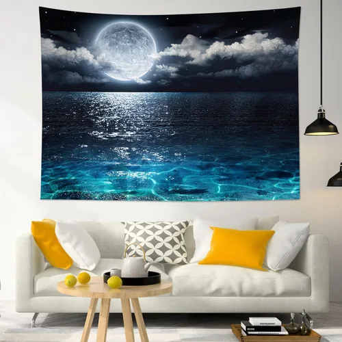 Vista 4 de LB Tapiz de cielo nocturno y océano, tapiz de luna llena sobre el agua, tapiz para colgar en la pared, tapiz de fantasía mágica de acuarela 3D, arte