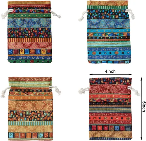 Vista 3 de Paquete de 56 bolsas de joyería de caramelo egipcio, bolsas de monedas con estampado azteca, bolsa de regalo con cordón para regalos de devolución