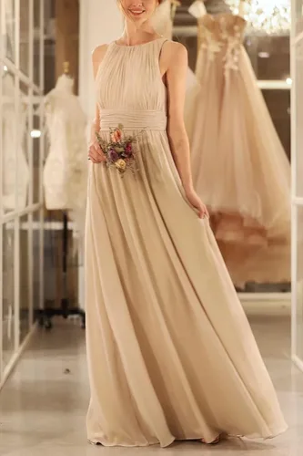 Vista 3 de Vestido de dama de honor de gasa sin mangas para mujer, largo, plisado, cintura alta, formal, vestido de baile