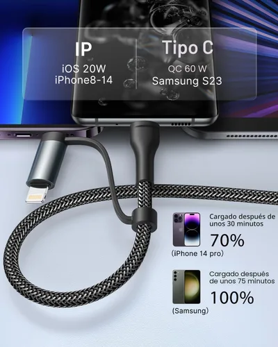 Vista 4 de Cable de carga 4 en 1, adaptador USB C Lightning USB C a USB C 60W PD [carga rápida y sincronización de datos] Cargador múltiple 4 en 1 para iPhone