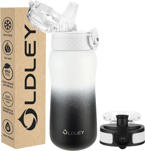 Vista 52 de Botella de agua aislada Oldley de 12 oz con pajita, botella de agua de acero inoxidable con 2 tapas, botellas de doble pared con vacío para adultos