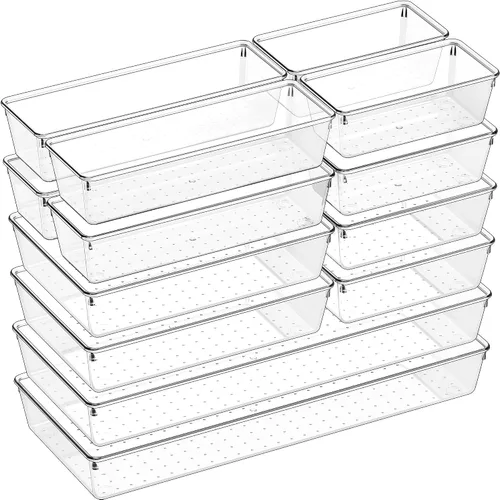 Vista 9 de Criusia - Organizador de cajones, juego de 10 piezas de gran tamaño de plástico transparente, 3 tamaños versátiles, bandejas organizadoras de baño
