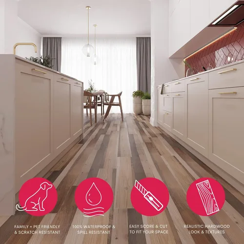 Vista 3 de LUCiDA SURFACES - Baldosas de vinilo de lujo, azulejos autoadhesivos para instalar uno mismo, 12 tablones con aspecto de madera, color granero