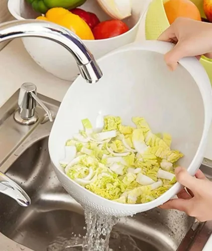 Vista 4 de Colador de arroz 2 en 1, coladores y coladores para lavadora de frijoles - Cuenco para verduras y frutas (blanco)