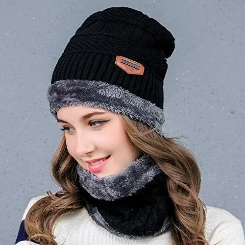 Vista 3 de Conjunto de gorro y bufanda de invierno cálido y elegante gorro de punto para hombres y mujeres