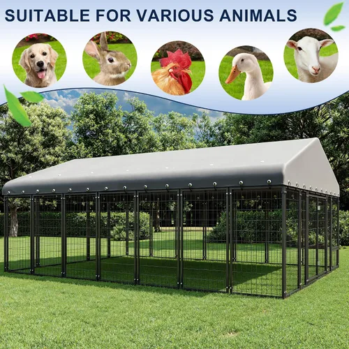 Vista 5 de Perrera grande para perros de 10 x 20 pies, resistente al aire libre con alimentación, jaula duradera para perros con techo y doble cerradura, 120.6